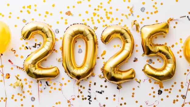 Photo new year 2025 gold foil balloons number 2025 from foil gold confetti and celebration