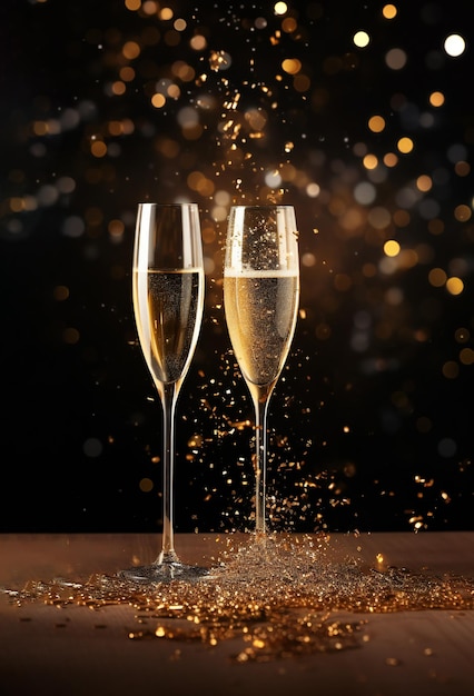 New Year background with glasses and champagne golden bokeh on a black background