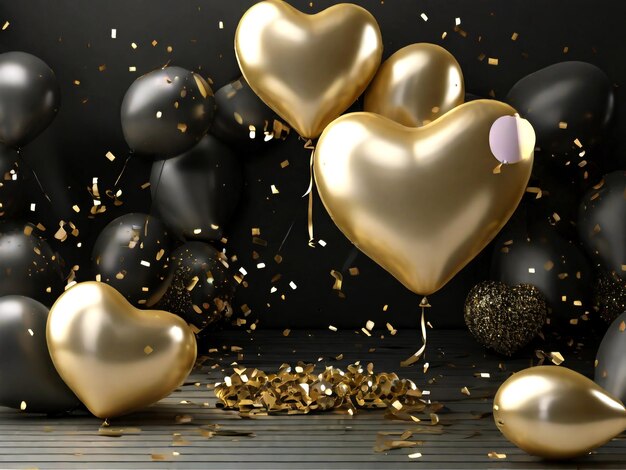 New Year Birthday Valentines Day Anniversary Background Banner with Gold and Black Heart Balloons