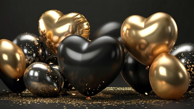 New Year Birthday Valentines Day Anniversary Background Banner with Gold and Black Heart Balloons