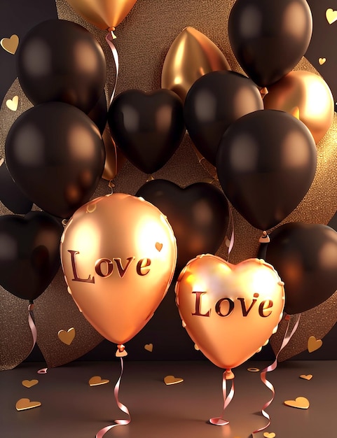 New Year Birthday Valentines Day Anniversary Wallpaper with Gold and Black Heart Balloons