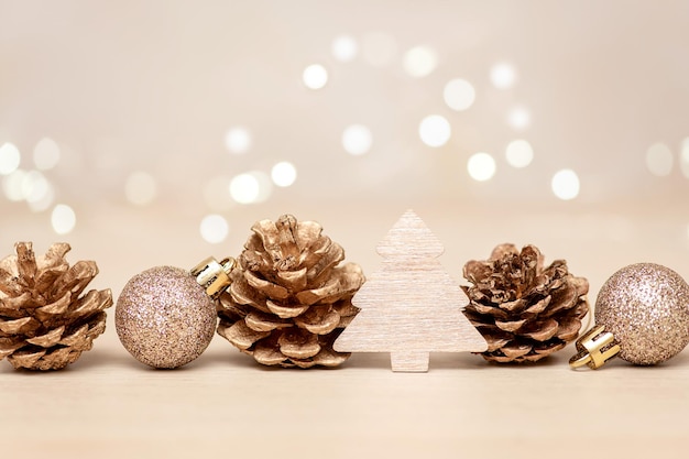 New Year card. Decoration with Christmas tree, cones and Christmas balls