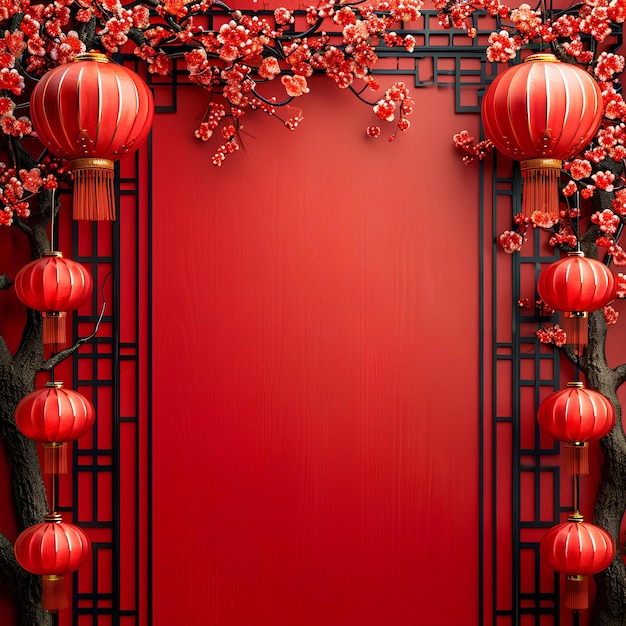 New year chinese lanterns and red frame with flowers