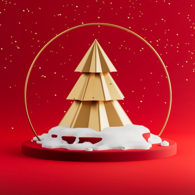 New year and christmas 3d render scene in classic red, gold and white colors. Glitter with tree and snow on podium. Creative banner or post for social media with space for text.