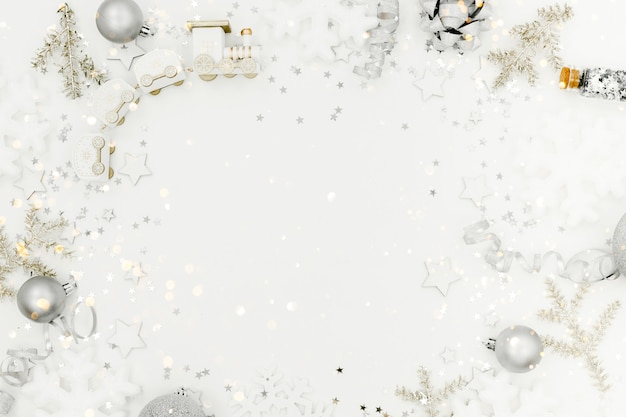 New Year and Christmas background. Holidays and sales concept. Confetti, presents and bows,Top horizontal view copyspace