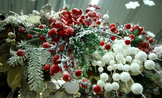 New Year and Christmas decor on a shelf at souvenir store close up