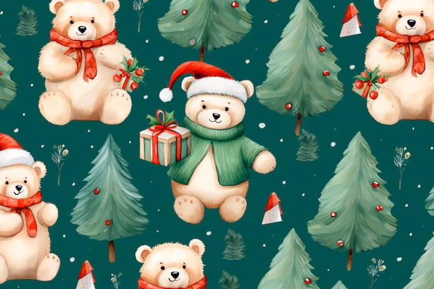 New Year Christmas pattern polar bear and Christmas trees Background wallpaper AI generated