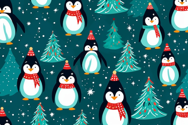 New Year Christmas tree and penguin pattern Background wallpaper AI generated