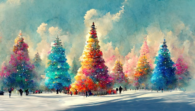 New year and christmas tree winter landscape background with snowman card design Generative Ai