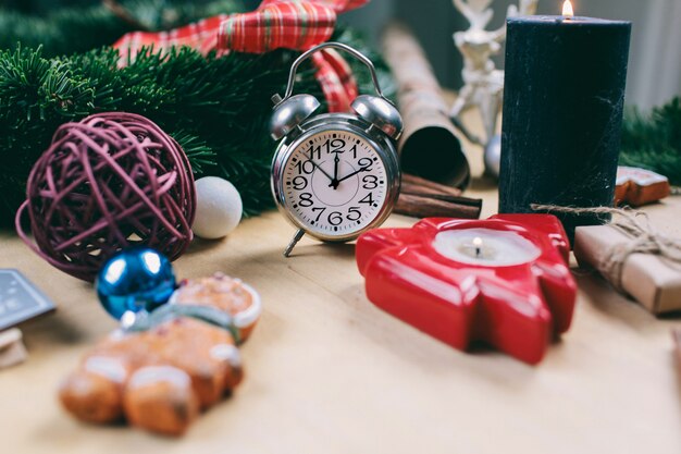 new year clock and winter decoration 