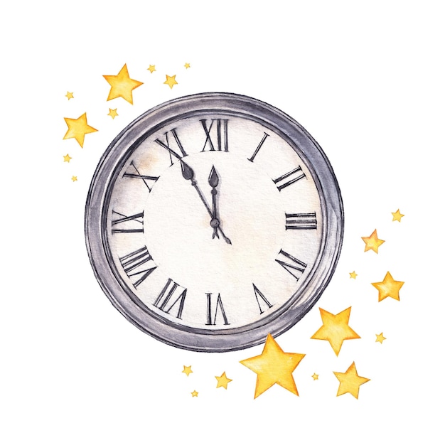 New year clock with stars watercolor illustration