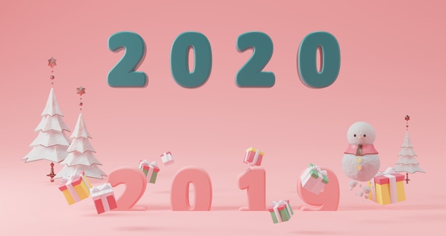 New Year concept. Green 2020 number for changing the year floating on pink background surrounded by christmas trees and gift boxes and snowman.