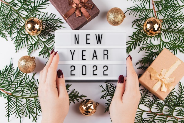 New Year concept. Set of stylish gifts on white background, flat lay.