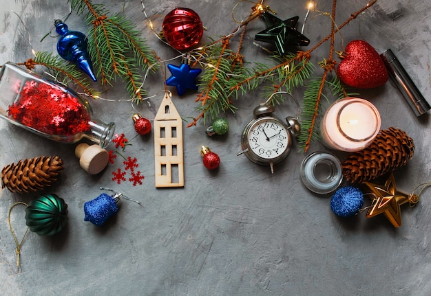 New Year decoration toys on  a light background. Preparation for  christmas holidays 