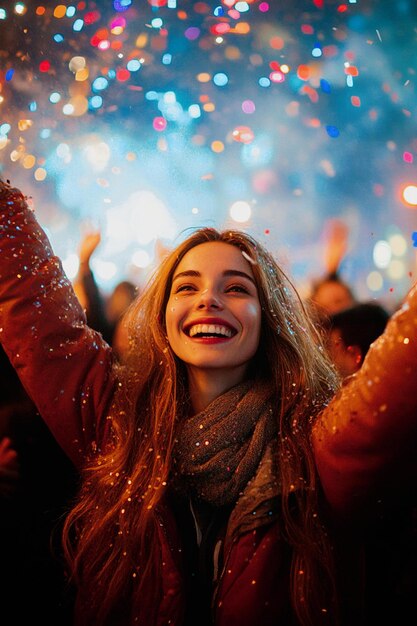 New Year Eve people celebrating with confetti and fireworks in the background