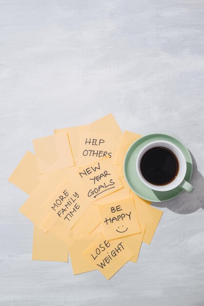 New year goals or resolutions yellow sticky notes with coffee on table