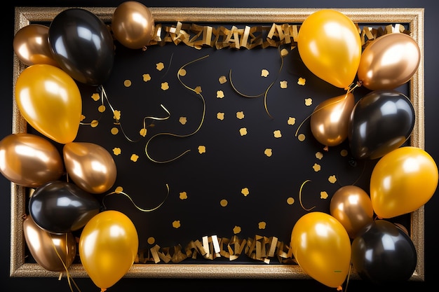 New year golden balloon with glitter confetti frame on dark backdrop