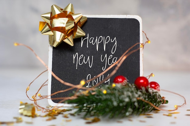 New Year holiday background Lettering on a wooden chalk board with a Christmas tree and ribbons