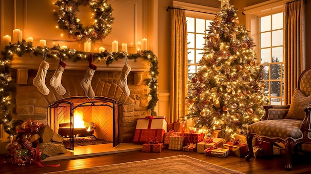 New year interior with decorated tree gifts and fireplace made with Generative AI