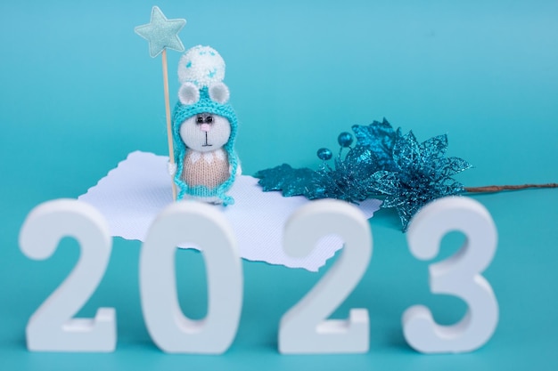 The new year is 2023 rabbits Knitted children's toy a gift for a holiday