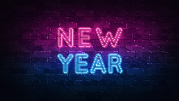 Photo new year neon sign. purple and blue glow.