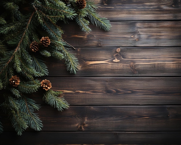 New Year's background on a dark wooden background along the edges of a spruce branch with cones top view