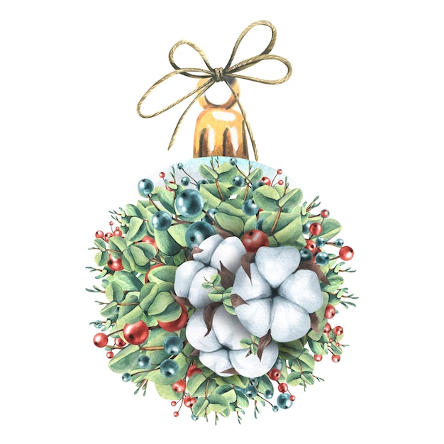 A New Year's ball made of cotton berries and eucalyptus branches Watercolor illustration The composition of a large set of COZY WINTER For the decoration and design of winter and Christmas cards