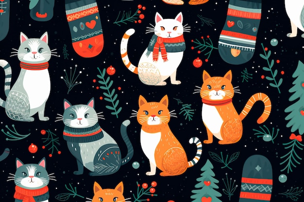 New Year's Christmas cat pattern Background wallpaper AI generated