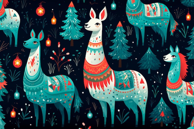 New Year's Christmas llama pattern Background wallpaper AI generated