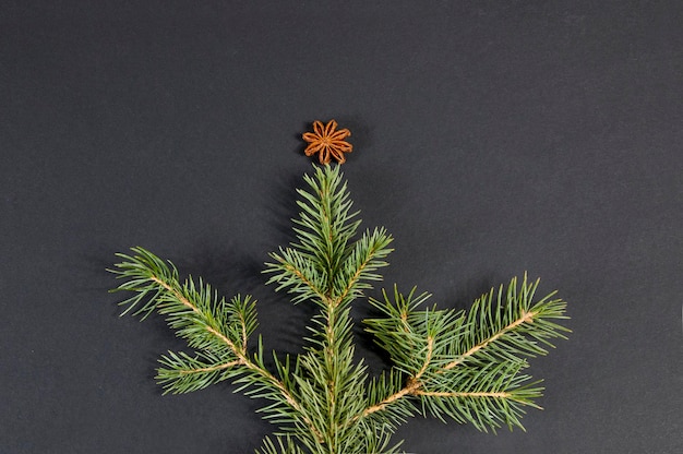 New Year's Christmas minimalistic decoration , a Christmas tree made of spruce branches and a star made of star anise seeds on a black background top view