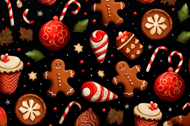 New Year's Christmas pattern of gingerbread and sweets Background wallpaper AI generated