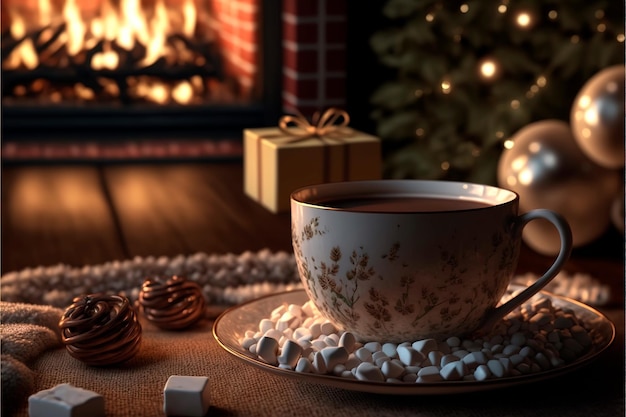 New Year's coffee with marshmallows Christmas holidays Stilllife Winter holidays concept Magical atmosphere in the house