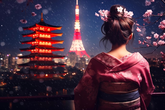 New Year's Day in Tokyo Tokyo Tower cherry blossoms sushi geishas traditional Japanese clothing