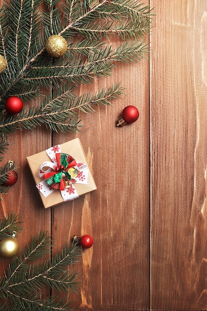 New Year's decor and decorations on a wooden background, preparation for the new year