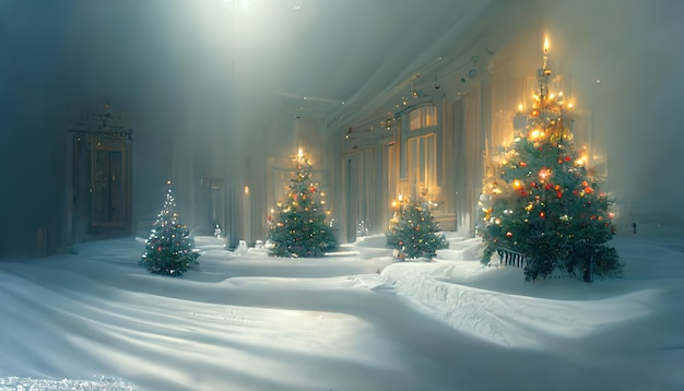 New Year's festive interior of a majestic palace house room Festive. 3D render. Raster illustration