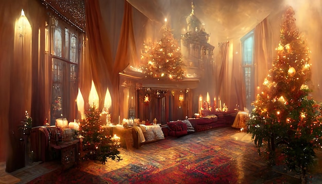 New Year's festive interior of a majestic palace house room Festive. 3D render. Raster illustration.