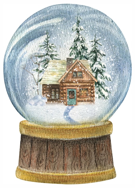 New Year's illustration of a snow globe in which there is a wooden house and Christmas trees