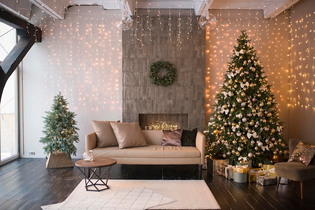 New Year's interior with a Christmas tree