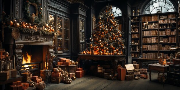 New Year's interior with gifts and a fireplace Generative AI