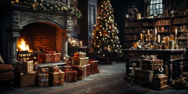 New Year's interior with gifts and a fireplace Generative AI