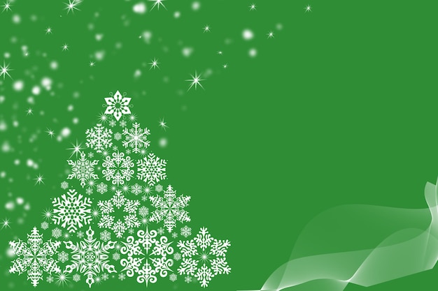 New Year's postcard layout - a Christmas tree made of snowflakes on a green background.