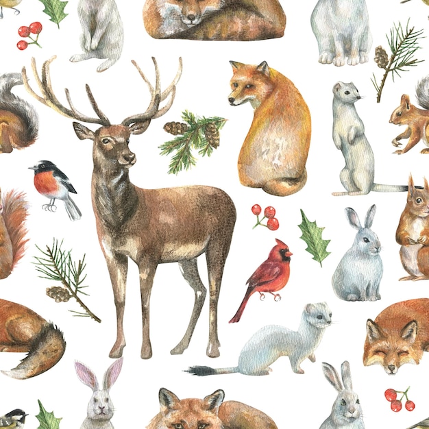 New Year's seamless pattern with wild forest animals fox, deer, squirrel, hare, weasel, birds