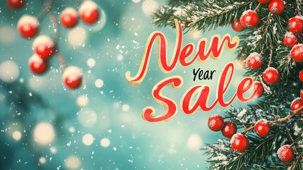 Photo new year sale banner featuring bold textured letters on a background of pine branches and red berries promoting holiday flash sales and seasonal discounts