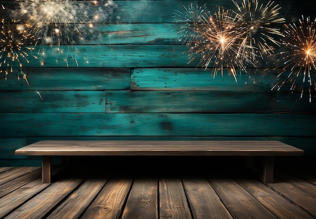 New Year sparkling fireworks on wooden blurry background