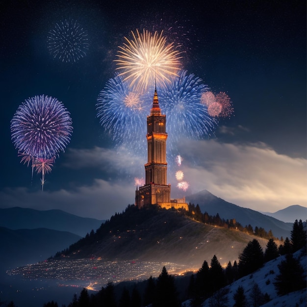 New year the tower above is scattered with beautiful fireworks with a view of the mountain 1