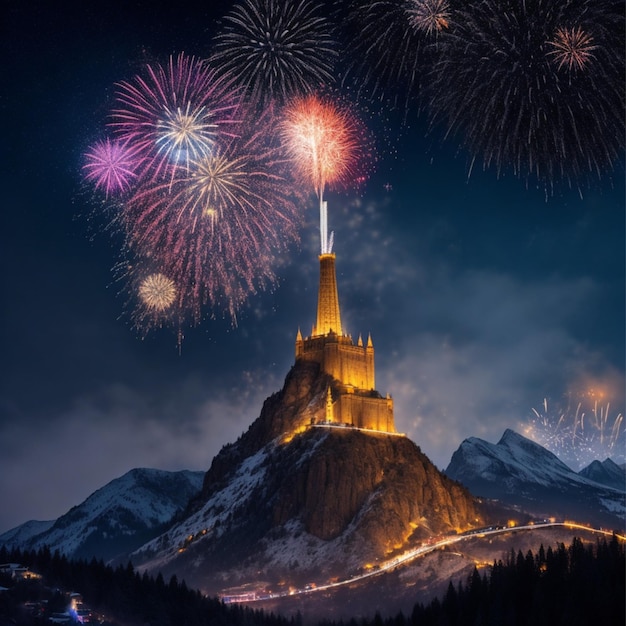 New year the tower above is scattered with beautiful fireworks with a view of the mountain 3