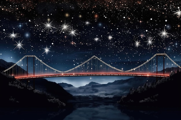 New Year39s atmosphere A bridge burning with bright lanterns and lights against the backdrop of the starry sky and mountains at night