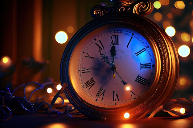 New Year39s at midnight old clock and holiday lights Generative Ai