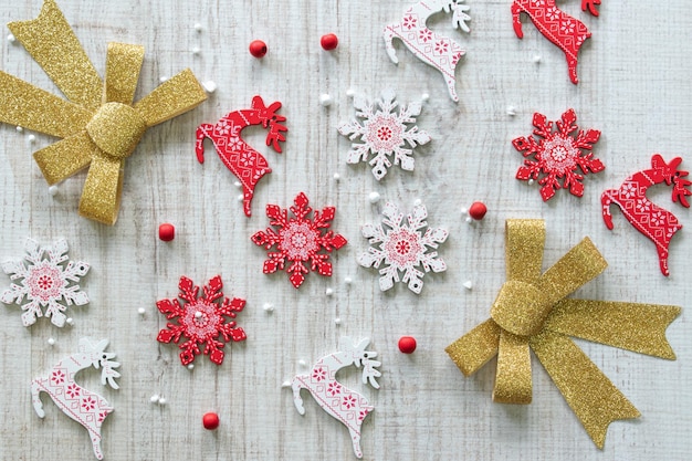 New Years composition Christmas tree decorations balls on a wooden background Flat lay top view