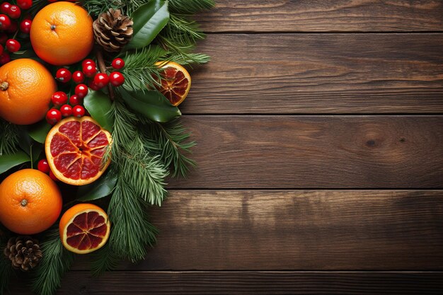 New Years composition with oranges pine cones and green branches on a wooden background Winter food